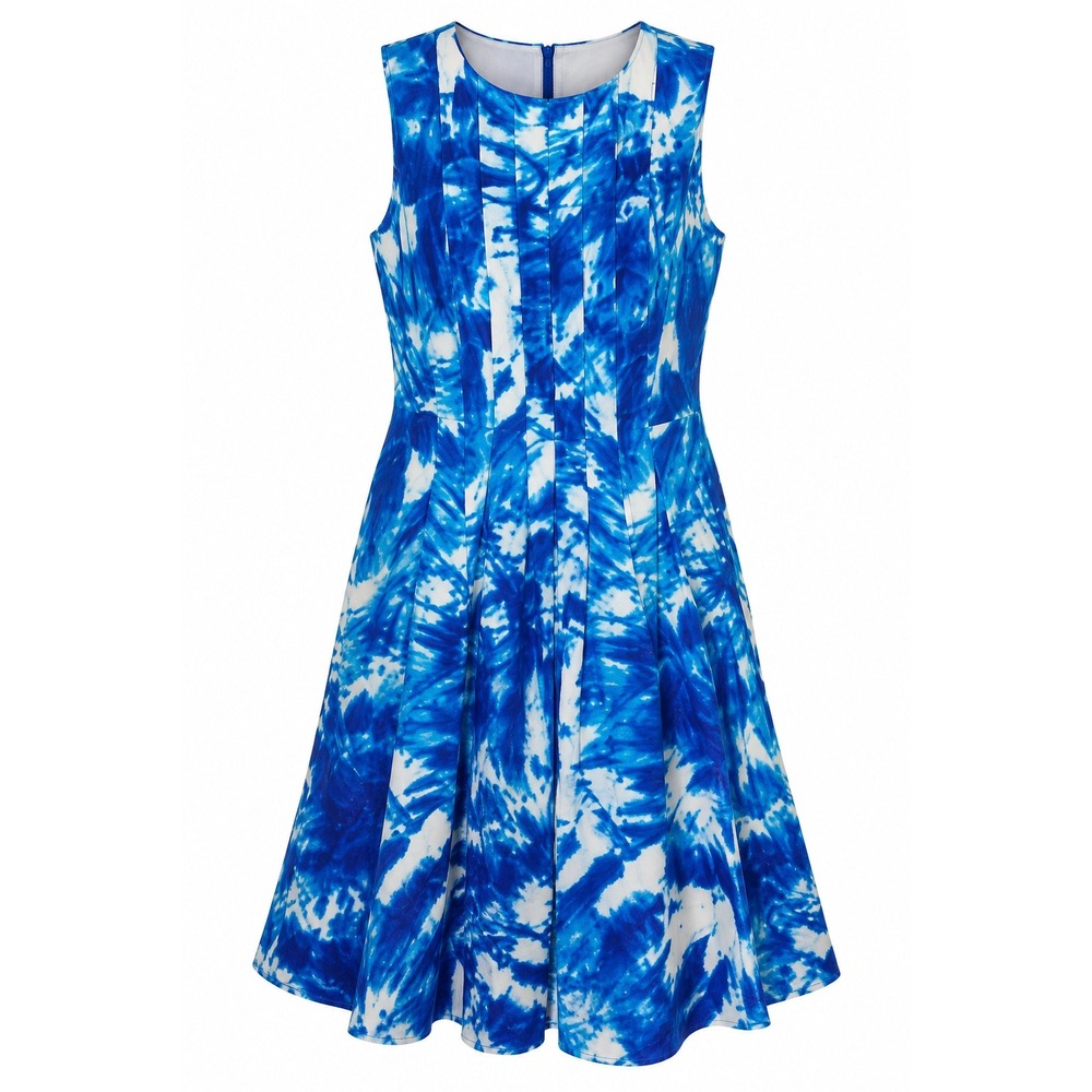 Calvin Klein Dress Womens 6 Blue White Tie Dye Pleated Fit Flare Shibori Look